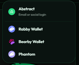 A digital menu displaying login options including Abstract (Email or social login), Rabby Wallet, Bearby Wallet, and Phantom.