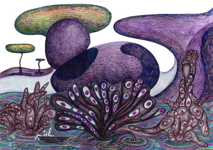 A whimsical, hand-drawn fantasy illustration depicts surreal purple and green organic shapes, mushroom-like forms, and intricate coral-like structures against a white background.