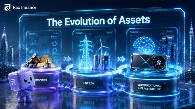 A promotional graphic from Rax Finance titled 'The Evolution of Assets,' showing a progression from Commodities (gold and ore) to Energy (power infrastructure and wind turbines) to Computational Infrastructure (GPU hardware), with a purple mascot character.