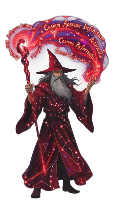 An illustration of a wizard with a grey beard wearing a red starry robe and pointed hat, holding a glowing red staff, surrounded by a swirling red cosmic aura labeled with Latin phrases including 'Cosmv Aosrum Infinitum' and 'Cosmos Reformatio'.