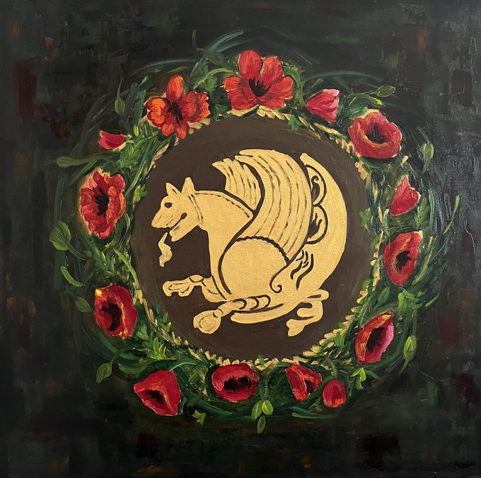 The image depicts a golden Senmurv (Simurgh), a mythical creature from Sasanian Persian art, encircled by a lush wreath of red poppies and green leaves against a dark background. This visual serves as the artwork for the post, which introduces the Sasanian Senmurv (Simurgh) NFT, edition 9/10 of 10, available for 10 $XTZ on objkt.com.