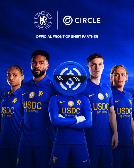 Chelsea Football Club promotional image announcing Circle (USDC) as their 'OFFICIAL FRONT OF SHIRT PARTNER,' showing players in blue kits with USDC and BG CIRCLE sponsor logos.