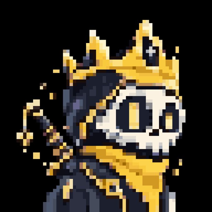 A pixel art character with yellow fur and a large white skull mask with rectangular eye openings, holding a staff or weapon, with sparks flying around against a black background.