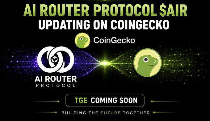 The graphic announces that AI Router Protocol ($AIR) is updating on CoinGecko, featuring logos for both AI Router Protocol and CoinGecko alongside the text "TGE COMING SOON" and "BUILDING THE FUTURE TOGETHER." This visual supports the accompanying post's announcement about the ongoing contract address update on CoinGecko and the upcoming token generation event (TGE).