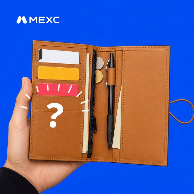 MEXC cryptocurrency exchange promotional graphic showing a hand holding an open brown travel wallet with cards and a pen, featuring a question mark graphic indicating a mystery or giveaway.