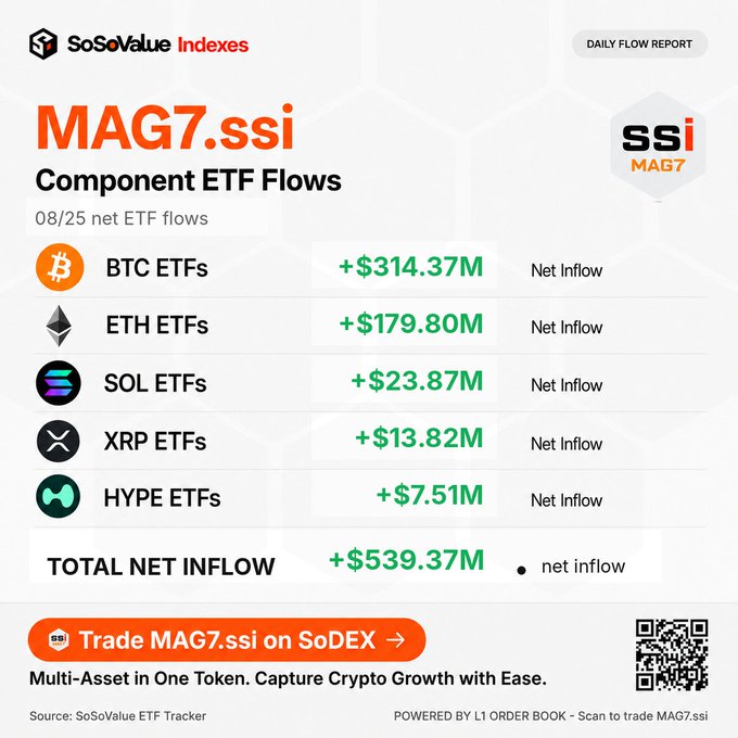 The image displays a SoSoValue "Daily Flow Report" for MAG7.ssi Component ETF Flows on 08/25, showing net inflows of +$314.37M for BTC ETFs, +$179.80M for ETH ETFs, +$23.87M for SOL ETFs, +$13.82M for XRP ETFs, and +$7.51M for HYPE ETFs, totaling +$539.37M in net inflows. The graphic promotes trading MAG7.ssi on SoDEX with the tagline "Multi-Asset in One Token. Capture Crypto Growth with Ease."
