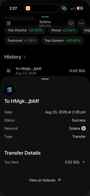 A screenshot of a successful Solana transaction showing a transfer of 0.52 SOL to address "HMgk...jbMf" on Aug 23, 2026. The image supports the "Who is next" post by documenting a completed crypto payment, teasing further outgoing transactions.