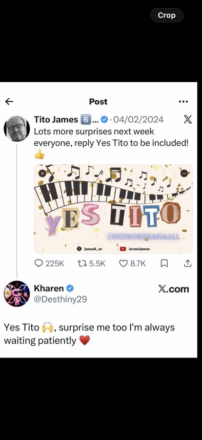 A screenshot of an X (formerly Twitter) post by Tito James (@james8_46) dated 04/02/2024 with the caption "Lots more surprises next week everyone, reply Yes Tito to be included!" featuring a colorful "YES TITO" graphic, below which user Kharen (@Desthiny29) replies "Yes Tito 🙌, surprise me too I'm always waiting patiently ❤️" — directly responding to the call-out and being selected as the $20 surprise recipient.