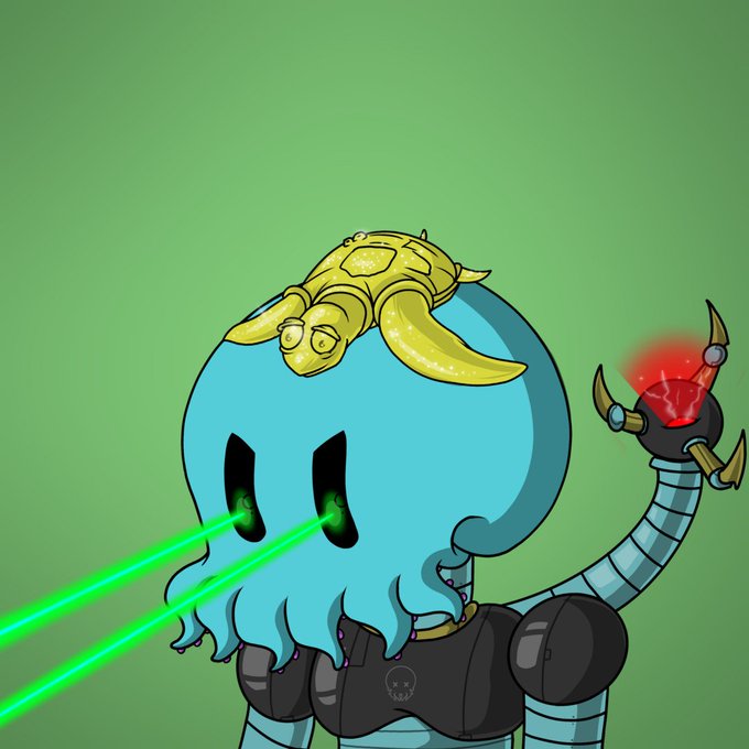 A blue octopus-headed robotic character with golden horns fires green laser beams from its eyes and wields a glowing red weapon, set against a green background. The image serves as the artwork for "INX Sale #15," which sold for .072 ETH, as advertised on the quirkhub.xyz platform.