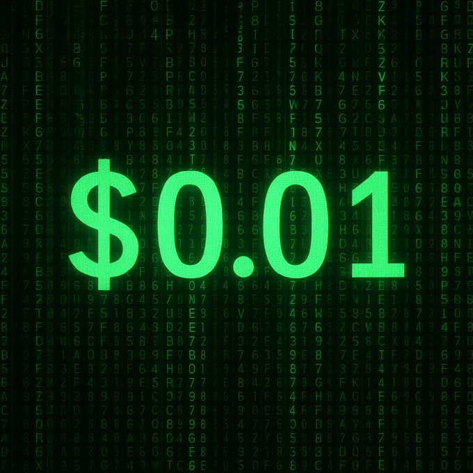 The image shows large green "$0.01" text overlaid on a digital matrix-style background of random characters, evoking a "Matrix" code aesthetic. This visually reinforces the post's message that QUBIC's $0.01 price point is "coded" or predestined, suggesting a hidden or inevitable value at that level.