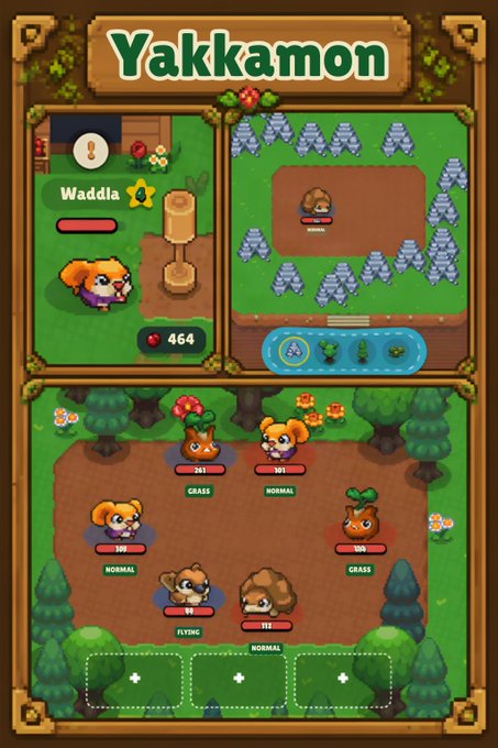 The image shows a screenshot of the Yakkamon game, titled "Yakkamon" at the top, featuring a creature-collecting and farming interface with a character named "Waddla" (464 health points) and a variety of collectible monsters labeled with stats like "GRASS," "NORMAL," and "FLYING" types, illustrating the game's combination of monster hunting and farming mechanics mentioned in the post.