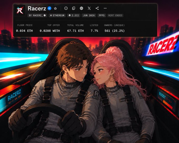 Anime-style illustration of a couple in racing suits (a brown-haired man and a pink-haired woman) sitting closely in a race car, with a "Racerz" NFT collection data panel showing a 0.034 ETH floor price and 67.71 ETH total volume, celebrating the project's 7.7% listed and 561 unique owners milestone.