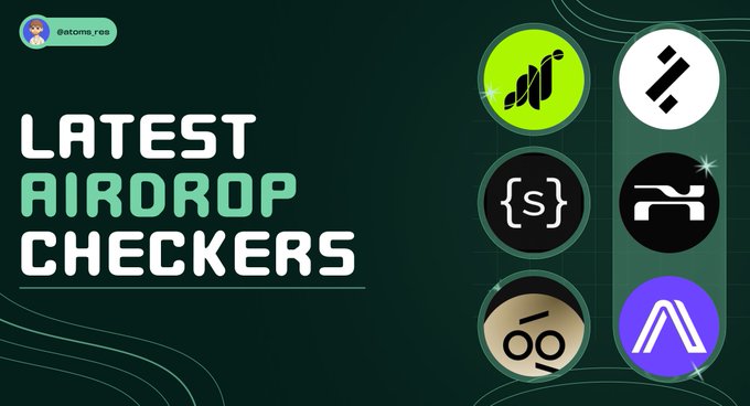 A graphic titled "LATEST AIRDROP CHECKERS" displays six cryptocurrency logos, promoting a tweet about checking eligibility for airdrops from projects including Grass, Somnia, and VOOI.