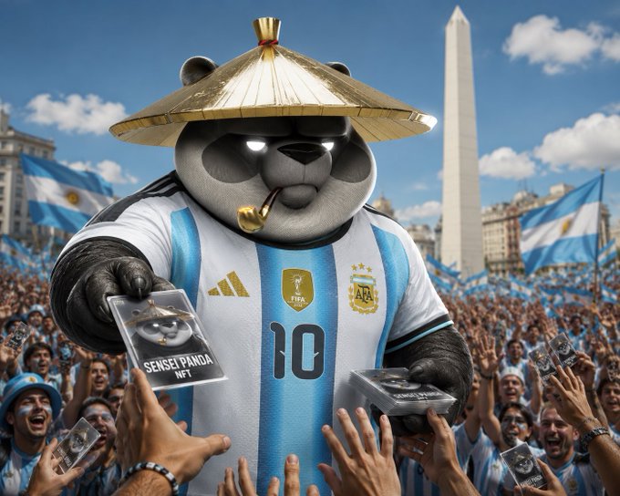 A panda mascot wearing an Argentina national team jersey with "10" and a conical hat holds up "Sensei Panda NFT" cards to a cheering crowd waving Argentine flags near the Obelisk. The image illustrates the giveaway promised in the post, depicting the mascot distributing the NFTs to fans rallying for Argentina.
