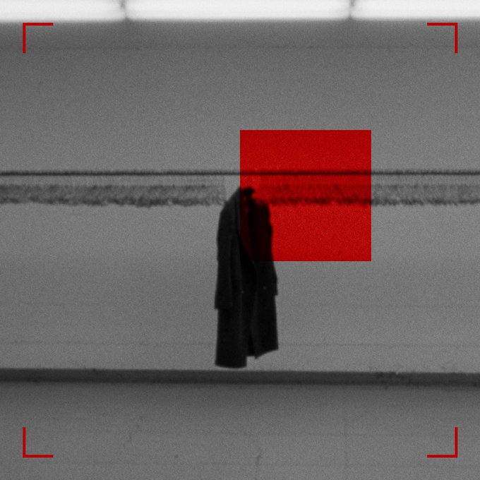A minimalist, grainy image showing a person in a dark coat standing against a gray background, with a red rectangle obscuring their head and red camera viewfinder corner brackets framing the scene.