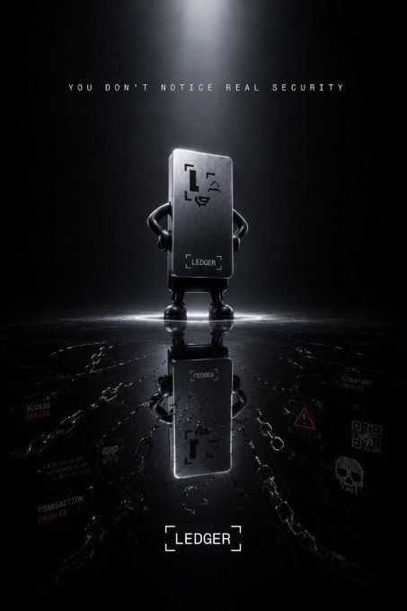 A Ledger advertisement features a hardware wallet standing like a figure, with the tagline "YOU DON'T NOTICE REAL SECURITY."