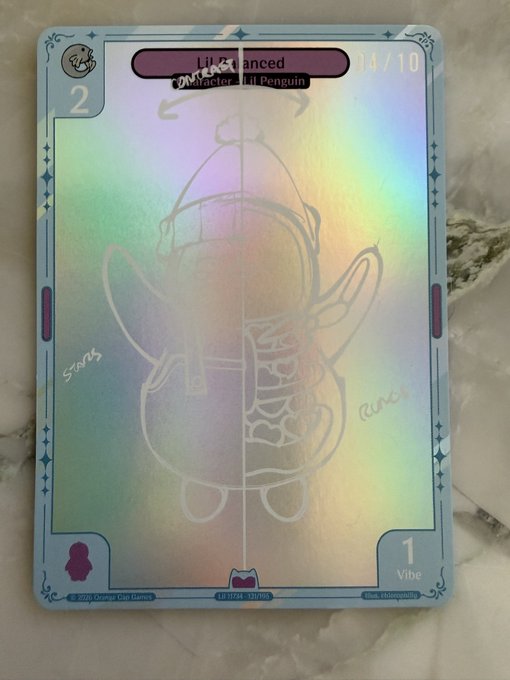 A custom sketch card from Vibes TCG featuring Lil Pudgy character "Lil Penguin" (#14/10) with holographic foil finish, created by artist Samy. The card includes annotations showing "Shorts" and "Black" details, reflecting the personal sketch that the poster's social media acquaintance pulled as a grail pull.