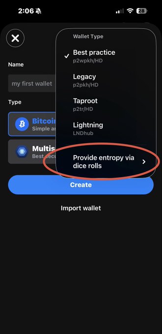 A screenshot of the BlueWallet mobile app showing the wallet creation screen with a "Wallet Type" menu open, highlighting the "Provide entropy via dice rolls" option circled in red. The post describes how to access this advanced feature to generate higher-entropy cryptographic randomness when creating a new Bitcoin wallet for increased security.