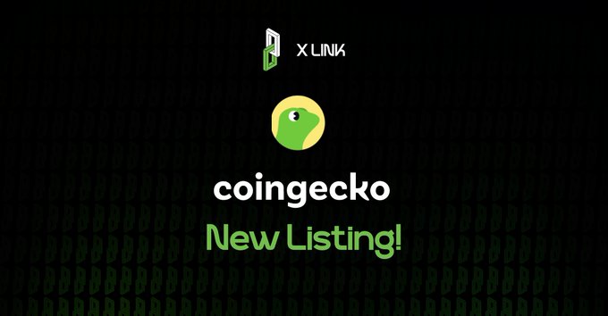 A dark promotional banner announcing a 'coingecko New Listing!' featuring the LINK token logo with the green gecko icon and 'X LINK' branding.