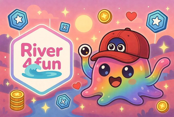 The image features a cartoon octopus with a red hat standing next to a sign that says "River4Fun" above its head, surrounded by stars and coins. The background of the image has a pink color scheme and depicts a river scene with mountains in the distance.