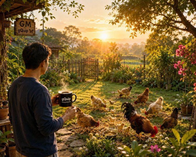 A man stands at sunset holding a 'gQuip' branded mug, watching chickens roam in a lush garden, with a wooden 'GM gQuip' sign hanging nearby.