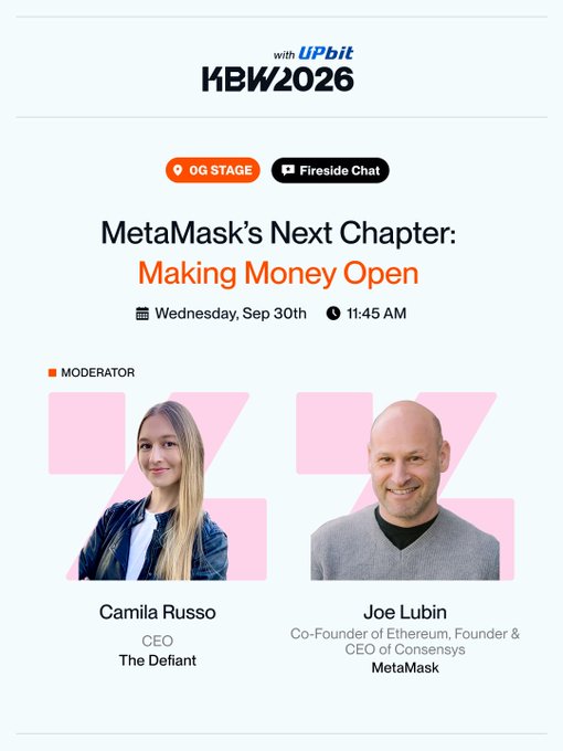 A KBW2026 event announcement for an OG Stage Fireside Chat titled 'MetaMask's Next Chapter: Making Money Open,' scheduled for Wednesday, September 30th at 11:45 AM, moderated by Camila Russo (CEO, The Defiant) featuring Joe Lubin (Co-Founder of Ethereum and Founder & CEO of Consensys, MetaMask).