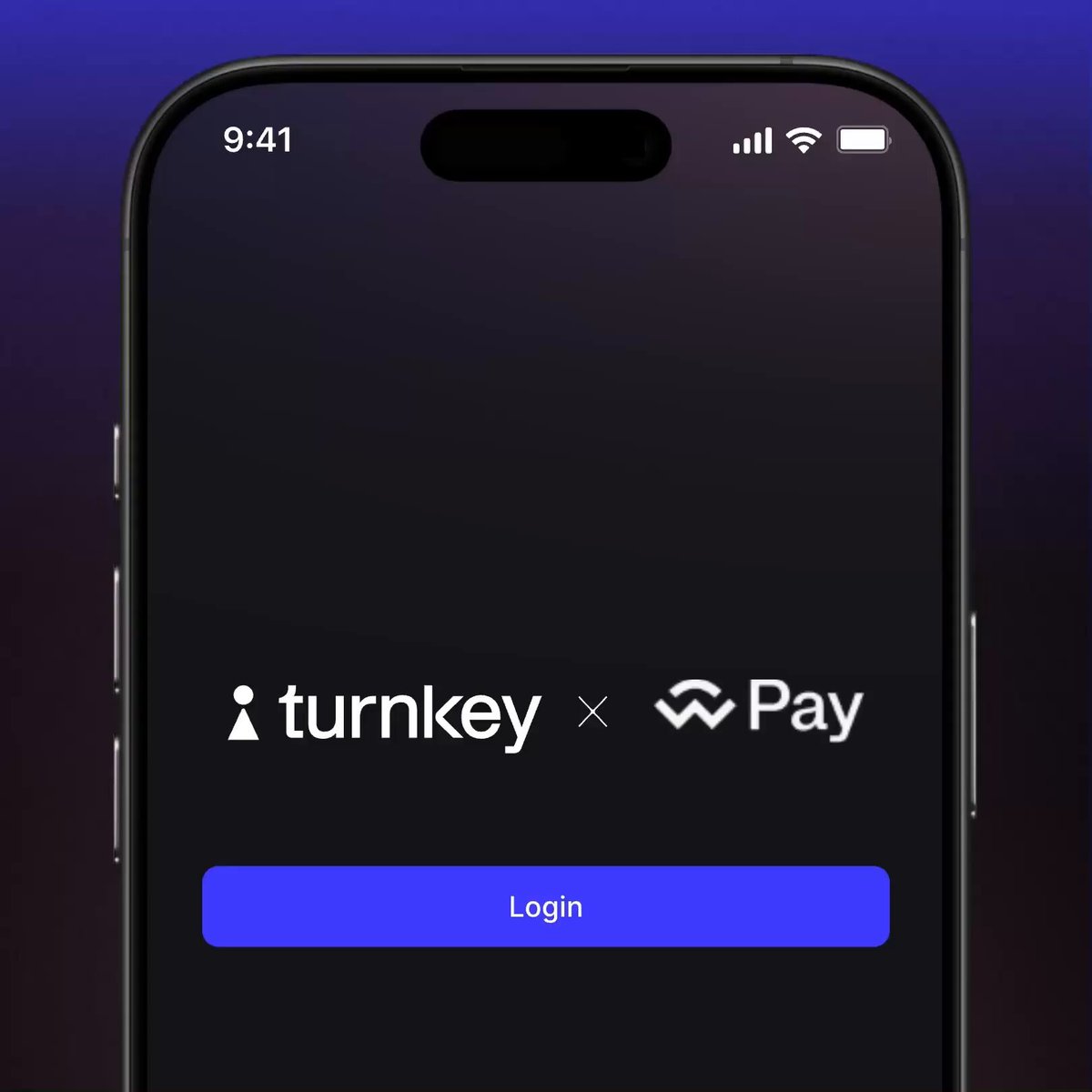 The image shows a smartphone screen displaying the Turnkey app, which allows users to build end-to-end payments using their wallet information. The phone's lock screen features the Turnkey logo along with the text "Login" and "Pay". This implies that the user can now easily log in and pay for goods or services through the Turnkey app.