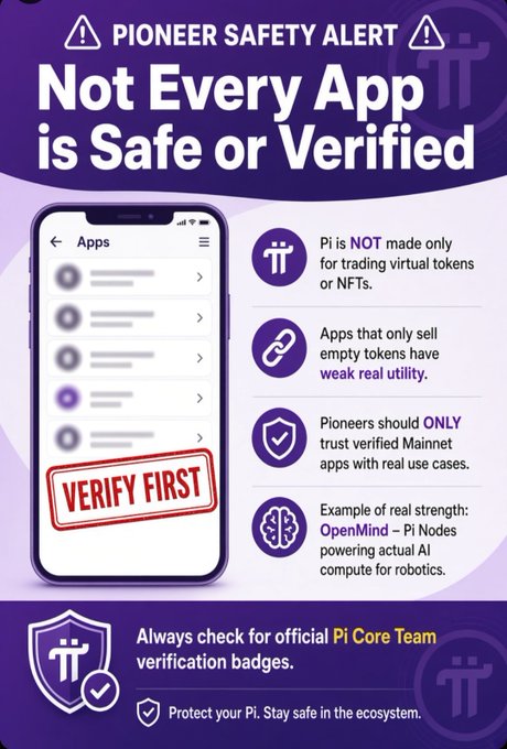 A Pioneer Safety Alert infographic warning that not every app is safe or verified, advising users to trust verified Mainnet apps like OpenMind-Pi Nodes.