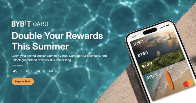A promotional banner for BYBIT CARD featuring the text "Double Your Rewards This Summer" and "Register Now," displayed next to an iPhone showing virtual card options against a sparkling pool background.