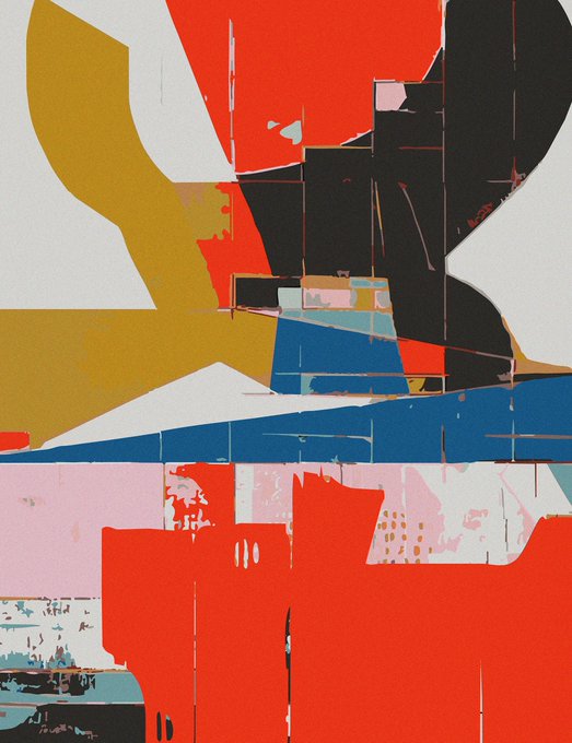 Abstract artwork featuring bold geometric shapes in red, black, mustard yellow, blue, pink, and teal.