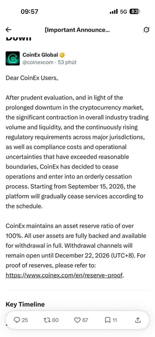A screenshot of an X (Twitter) post by @coinexcom announcing CoinEx Global's decision to cease operations starting September 15, 2026, citing the cryptocurrency market downturn and regulatory pressures.