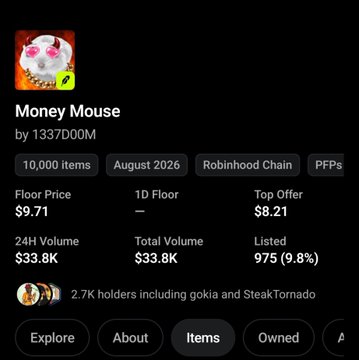 An NFT collection page for "Money Mouse" by 1337D00M shows a floor price of $9.71, a top offer of $8.21, and 24H/total volume of $33.8K, with 10,000 items on Robinhood Chain.
