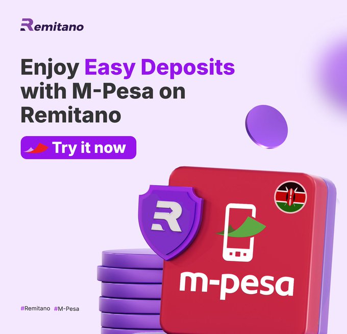 A Remitano promotional advertisement reads "Enjoy Easy Deposits with M-Pesa on Remitano" with a "Try it now" button and M-Pesa branding featuring the Kenyan flag.