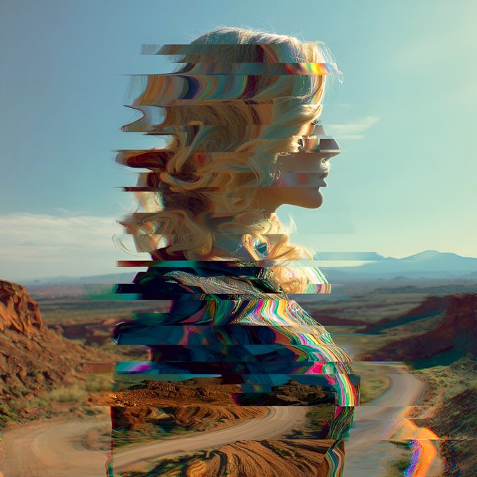 A surreal portrait of a blonde woman in profile set against a desert landscape, with her form and hair distorted by horizontal glitch-art stripes of vivid color.