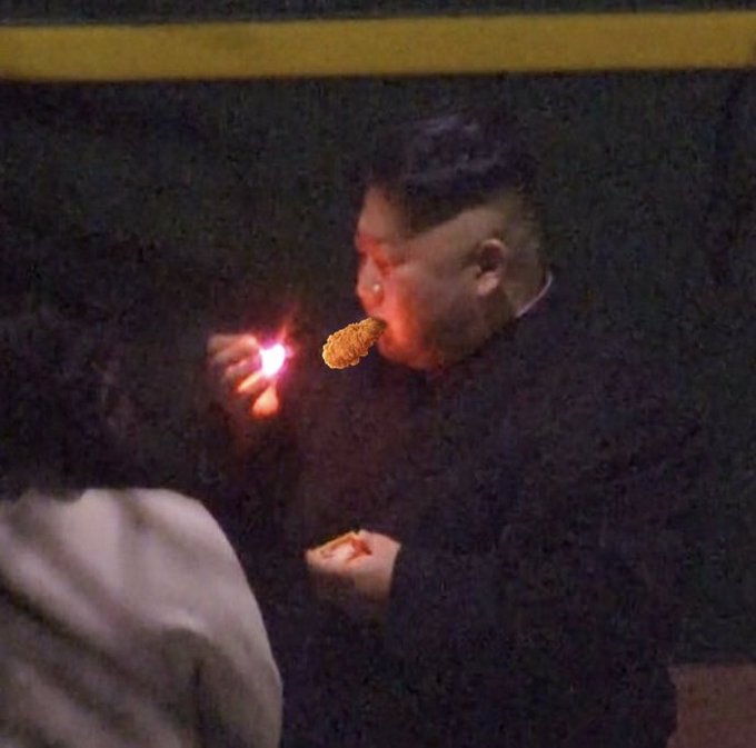 A man in a dark suit lights a match to a nugget-shaped object, likely a chicken nugget, in a dimly lit setting. The post references "the last dip ever on Robinhood Chain," using the image as a humorous play on the word "dip," suggesting the nugget being lit symbolizes a final, dramatic "dip" in the market.