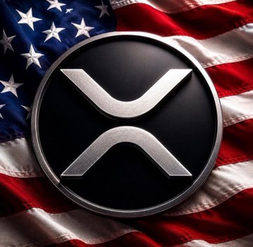 An XRP cryptocurrency logo (silver X on black circle) displayed against a backdrop of the American flag.