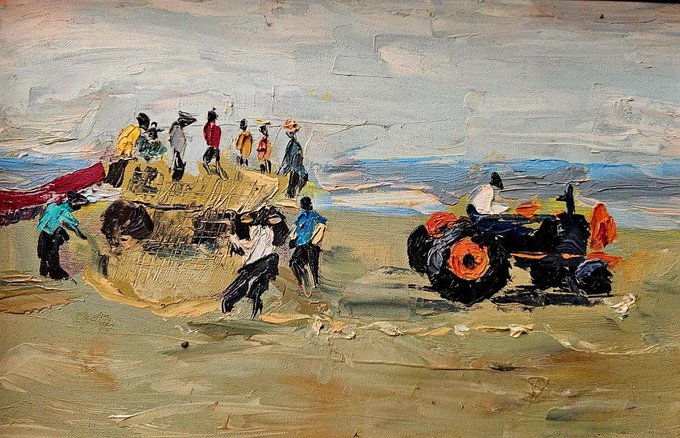 An expressive oil painting depicts a rural scene with figures gathered around a hay-filled cart on one side, while a person operates an orange and black tractor on the right, set against a muted landscape with a cloudy sky. The artwork's rustic, communal farming imagery complements the post's "1/1" theme, suggesting a one-of-a-kind piece celebrating authentic, traditional agricultural life.