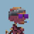 A pixel art sprite of a character wearing a purple headband, gray cap, and dark clothing on a blue background.