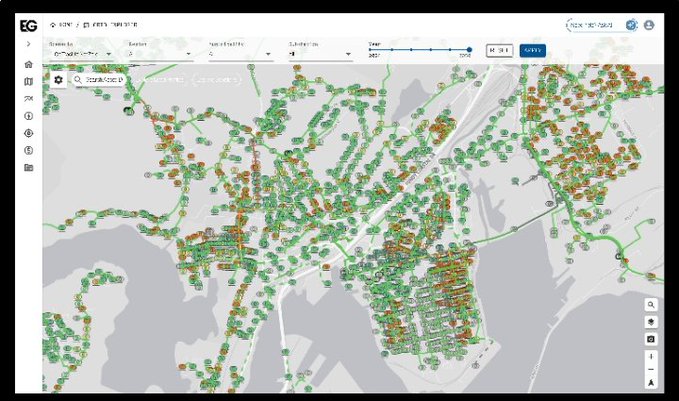 A digital map interface from EG (Egypt) displaying the Cities Index with numerous data points scattered across New York City, showing green and orange markers along streets and neighborhoods.