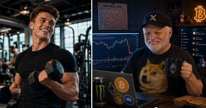 A split image showing a young muscular man lifting dumbbells in a gym on the left, and an older man wearing a black cap and Dogecoin t-shirt smiling in front of cryptocurrency charts with Bitcoin and Ethereum logos visible on the right.