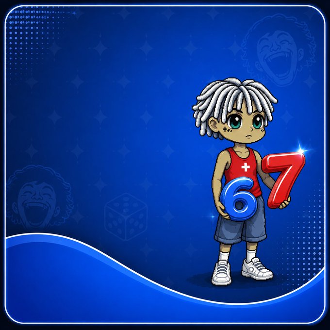 A cartoon figure with white dreadlocks stands on a blue starry background holding a blue "6" and a red "7," illustrating the "67" meme trend referenced in the post about the @sixsevenapp $10K creative contest.