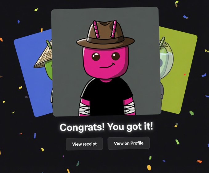 A celebratory NFT-style screen showing 'Congrats! You got it!' featuring a pink character in a cowboy hat, with options to 'View receipt' or 'View on Profile.'