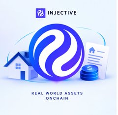 A promotional graphic for Injective displaying a blue logo with the text 'INJECTIVE' at the top and 'REAL WORLD ASSETS ONCHAIN' at the bottom.