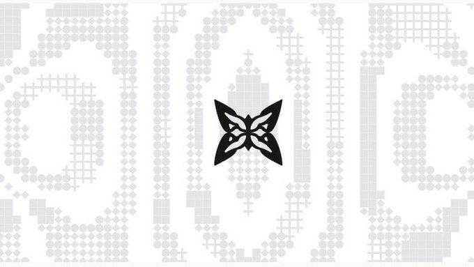A black butterfly logo is centered on a light gray pixelated background that faintly spells out '2025'.