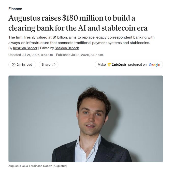 A CoinDesk Finance article headlined "Augustus raises $180 million to build a clearing bank for the AI and stablecoin era," featuring a photo of Augustus CEO Ferdinand Dabitz. The post's commentary on stablecoins and traditional finance disruption aligns with the article's focus on Augustus's $1 billion-valued effort to replace legacy correspondent banking with stablecoin-based infrastructure.