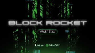 A digital graphic with a glitchy green and black Matrix-style background displays 'BLOCK ROCKET' in large text, with 'Week 1 Stats' and 'Live on CANOPY' shown below.