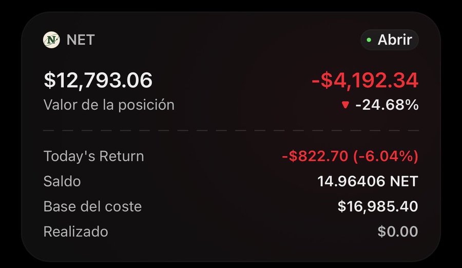 A dark-themed portfolio widget displays a losing position in the NET token, showing a position value of $12,793.06 against an unrealized loss of -$4,192.34 (-24.68%), with a cost basis of $16,985.40 and a balance of 14.96406 NET, alongside today's return of -$822.70 (-6.04%), visually reinforcing the poster's candid admission of their underwater DCA strategy on NET and PANDA.