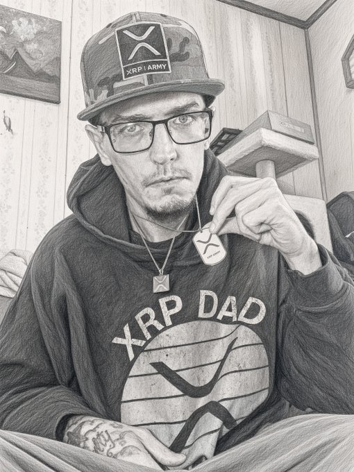Pencil-style portrait of a man wearing an XRP Army camo hat and an 'XRP DAD' hoodie, holding up an XRP pendant necklace.