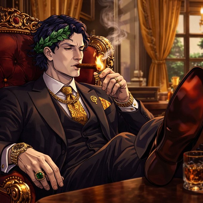 A well-dressed man wearing a laurel wreath lounges in an opulent golden chair, smoking a cigar with a glass of whiskey nearby, exuding wealth and confidence. The image's "locked in" luxury vibe perfectly matches the post's vibe of confidently pursuing financial gains.