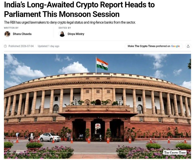 A headline from The Crypto Times announces that India's long-awaited crypto report will be tabled in Parliament during the Monsoon Session, accompanied by an image of the Indian Parliament building in New Delhi flying the national flag, visually reinforcing the legislative context of the story.